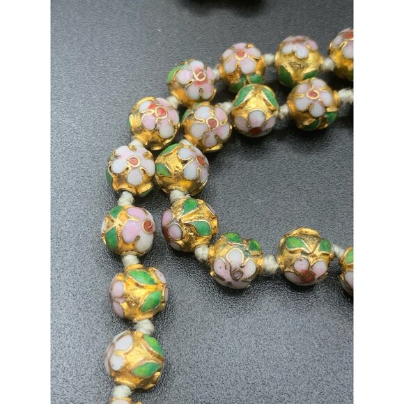 Champleve Cloissone Necklace Long Handknotted Pink Green Gold Red Colorful Beads - Picture 5 of 7
